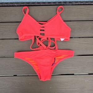 TYR Womens Solid Orange Pacific Crosscut Tie Back & Micro Bikini Sz S New Sample